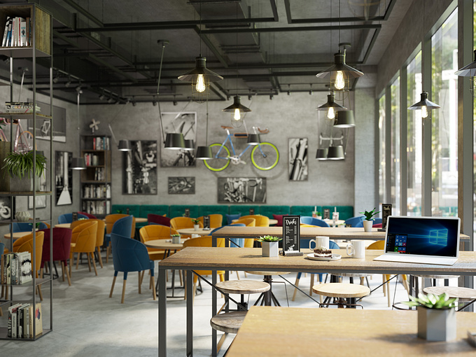 Visualization of a cafe in new build building. The main themes are industrialism, bicycles and colors.