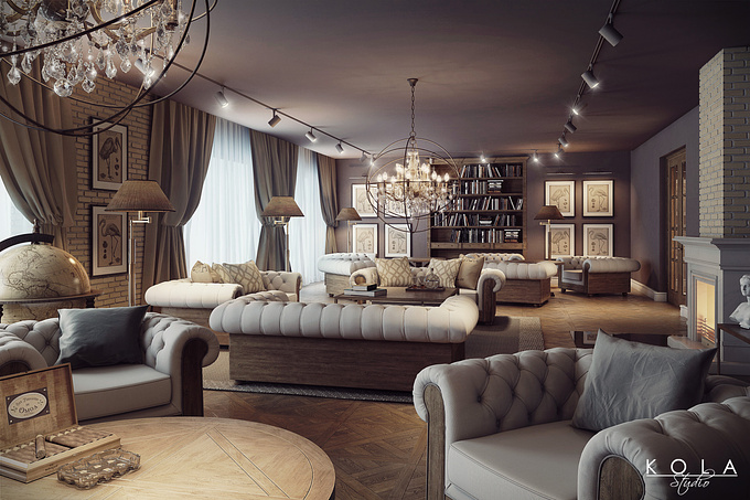 A fireplace hall in a contemporary classic style. Interior visualisation of the Imperial Park Hotel, Poland. Design: URBA ARCHITECTS.