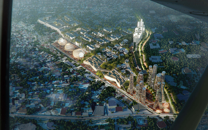 A 3D architectural visualization for CAZA Architects. Located in Manila, this urban hub includes various infrastructure elements - offices, retail and residential spaces, medical center and more.

An aerial view gives a better perspective on the scale of the building complex, immersed in lush greenery.

The view is always grander at the top.