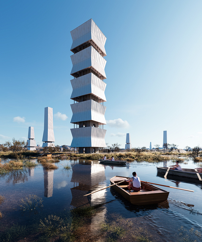 sanctuary towers near a natural pond in a remote location