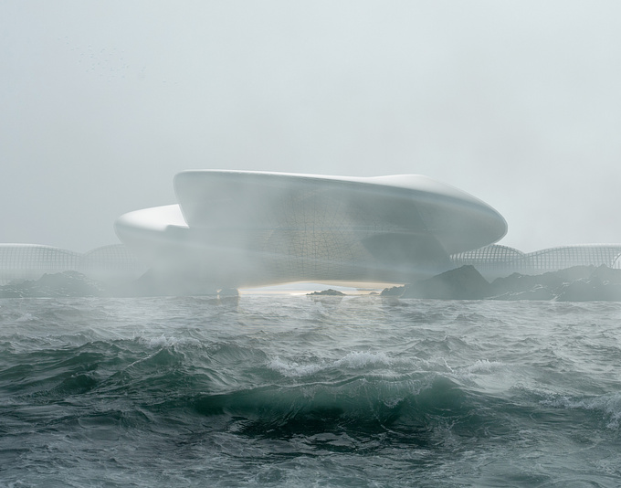 In this remarkable architectural visualization, we witness a scene of breathtaking defiance and extraordinary beauty. A lone building stands resolute in the tumultuous heart of the sea, as an imposing storm unleashes its fury upon the world.

The structure, a modern masterpiece of design and engineering, rises majestically from the turbulent waters. Its sleek, minimalist facade, framed by towering glass walls, reflects the intensity of the tempest, with rain-slicked surfaces glistening like liquid silver.

Waves crash against the protective barriers, sending up plumes of spray, while lightning streaks across the dark, brooding sky, casting an otherworldly glow on the scene. The building's illuminated interiors offer a stark contrast to the chaos outside, with warm, inviting light radiating through the glass.

The architectural vision is a testament to human resilience and innovation. It seems to challenge the very forces of nature, standing as a symbol of strength, adaptability, and human achievement.

This image stirs a profound sense of awe and inspiration, reminding us of the power of architecture to create not just shelter, but also a statement of defiance against the elements. It's a testament to the indomitable spirit that seeks to coexist harmoniously with the most formidable forces of nature. In the midst of the storm, this architectural visualization portrays a beacon of hope, a vision of what we can achieve when faced with adversity.

