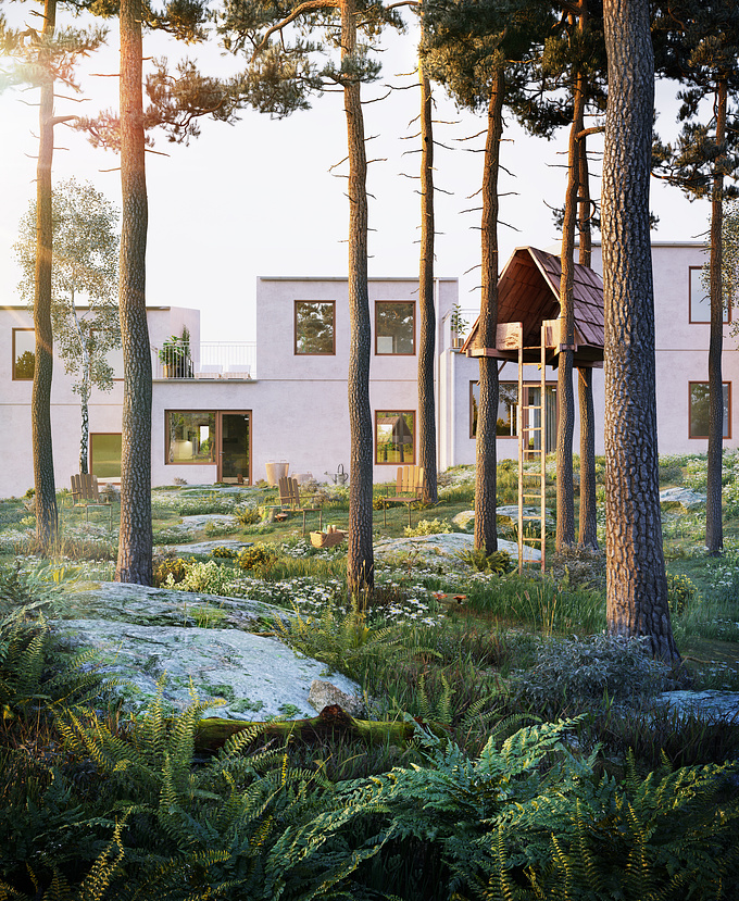 Walk the Room - https://www.walktheroom.com/
This is a project where we want to show a residential development in Sollentuna, Stockholm.To create this image the 3D artist used Forest Pack plugin which made the whole work much easier.
Also great assets from Megascans, like the fern and the mushrooms.