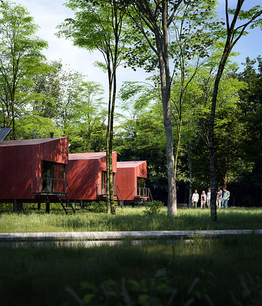 Exterior rendering of red bungalows in a natural environment 