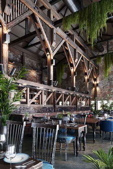 High-Quality 3D Rendering for a Rustic Restaurant Interior Design Project