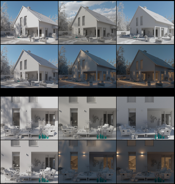Modern Scandinavian Exterior.
Each shot rendered ones and with multiple additive dome lights and lightmix feature extracted different lighting versions. 
Feel free to like share and comment as always ;) 
Regards Khayal Jalilov