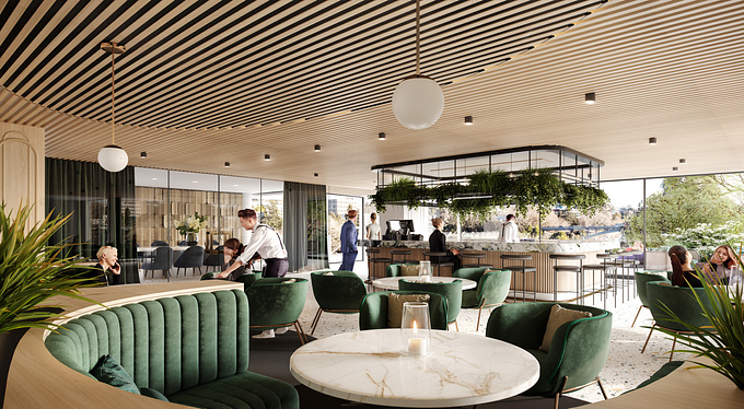 These images are part of a render set for the One Cook development showing the ground floor restaurant. The fitout was entirely conceived by our artists.