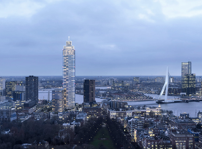 The Zalmhaven, designed by Dam & Partners Architecten, is the newest addition to the impressive skyline of Rotterdam. Owing to its imposing height of 215 meters, the building will be the tallest tower in the Benelux consisting of residential and commercial spaces. 

We designed a series of images showing how the built environment creates a natural sense of luxury and metropolitan living. In doing so, much attention has been paid to realistically detailing textures and materials, arranging the lush plants of the internal oasis in a welcoming manner, and expressing the formal qualities of classic skyscrapers. 