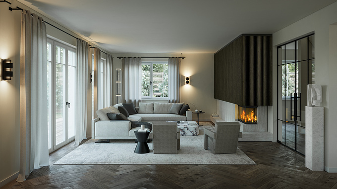 Interior rendering in day/night mood living room area of the 3storey Villa in Munich, Germany. 