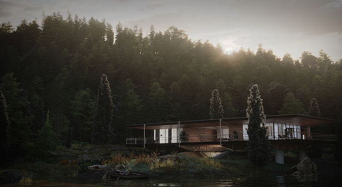 Everyone needs a little escape to a solitude place, a place where you can only get in by a means of transportation that is far from normal. Small lake side modern cabin. 

#3DSMax #CoronaRender #Photoshop #Quixel
