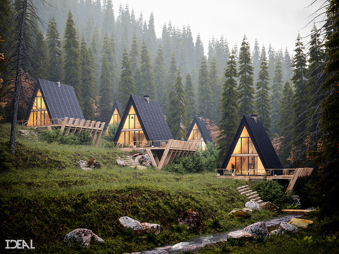 Sk Architekci, Poland - http://sk-architekci.pl
Another cabin in the woods visualization project work by Ideal Arch Visuals. This is a CGI imagery of 5 cabin/single-family houses in a foggy forest, into the mountains. The placement of these houses was intentionally setup on the terrain and designed accordingly.

Designer/ Architects: Sk Architekci, Poland

special thanks to FStorm Render Quixel

https://www.behance.net/gallery/68805663/Cabins-for-Single-family-950

For collaboration: info@idealarchvisuals.com