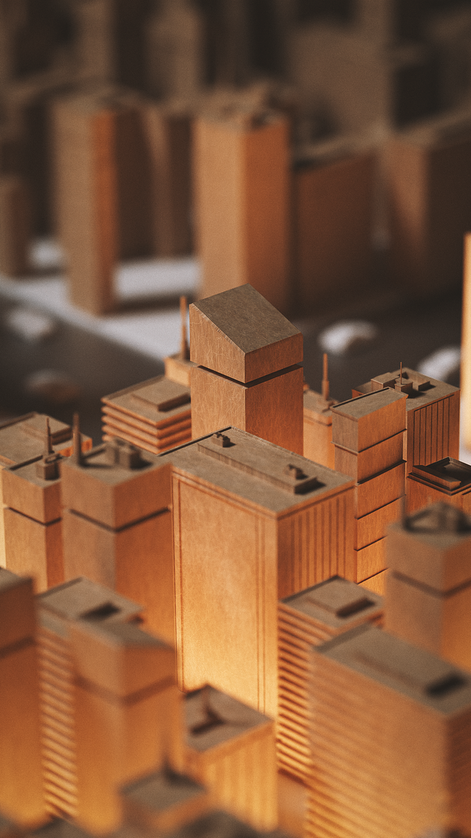 A digital maquette of a city. I tried lighting the model from the ground to make it look more lively. 
