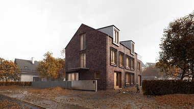Keeping it real with autumn vibes: Exterior visualization of a charming rust-red brick house