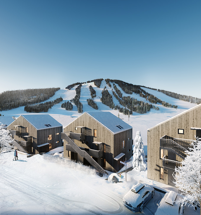 WtRs1 - https://www.walktheroom.com/s1/gallery
The main idea in this project was to showcase how this residential development located is integrated with the environment up north in Sweden. In this  image we used Corona sun and sky and mostly matte painting for the snow.