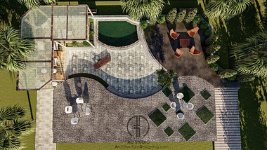 3D rendering of a landscaped backyard with a patio area