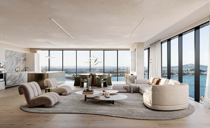 One to One Hundred was engaged by Hengyi to create 3D renders for two penthouses on levels 53 and 54 respectively. Out brief was to make the imagery feel ultra-luxurious, unique and site-specific - making use of the spectacular views as much as possible.

Project location: CBD, Auckland, New Zealand