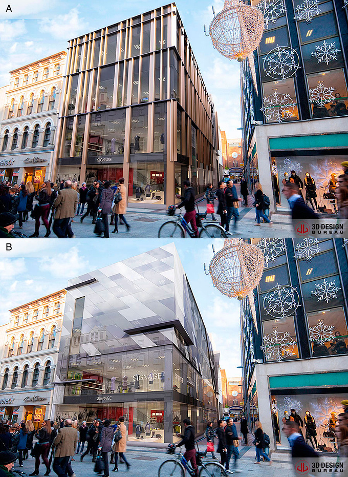 3D Design Bureau - http://www.3ddesignbureau.com
We were tasked with the production of a number of key verified view photo-montages from Grafton Street and Lemon Street in Dublin, Ireland. The shots were chosen from the full high resolution photographic survey ensuring that the concerns of the planning authority were carefully addressed.