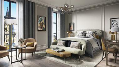 Interior visualization of a luxurious hotel suite overlooking the Cologne Cathedral