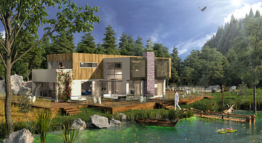 3d render house at the lake