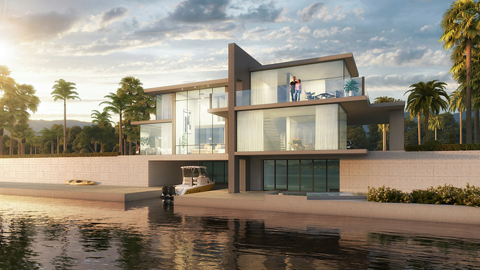 this modern glass home sits over an artificial river and has it's own boat garage holding my own boat.