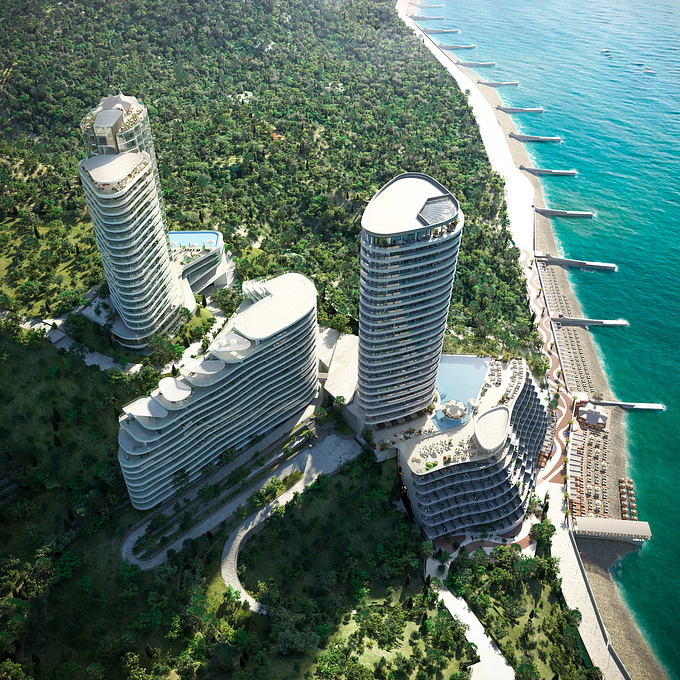 Concept design and 3d rendering an apartment complex near the seashore