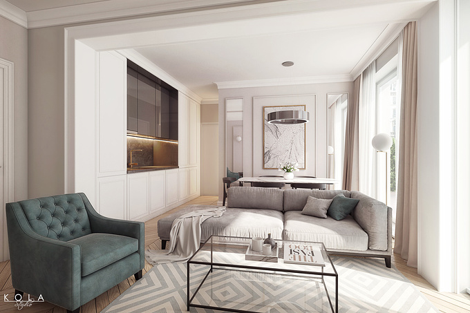 Interior visualisation of a new planned building investment - contemporary classic style apartment.
