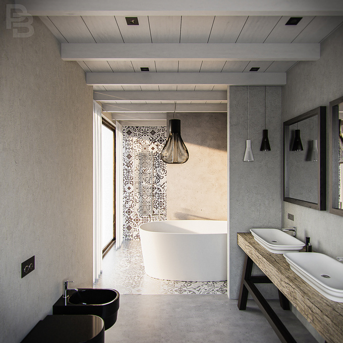 http://www.pb3drender.com
Made in Blender 2.8 + Cycles. 1000 samples and denoising. 

Bathroom combining hydraulic ceramic tiles with cement and wood. Decorative profile for the transition in the floor.