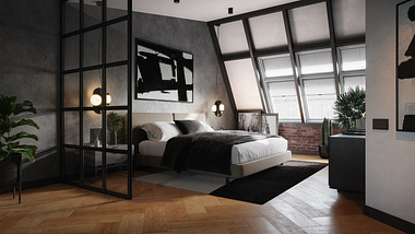  Interior visualization of a stylish attic apartment