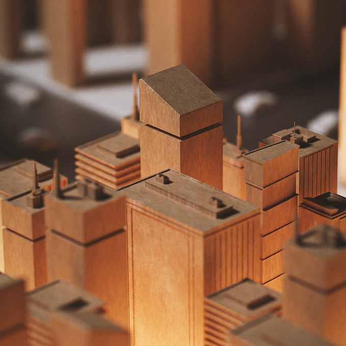 A digital maquette of a city. I tried lighting the model from the ground to make it look more lively. 
