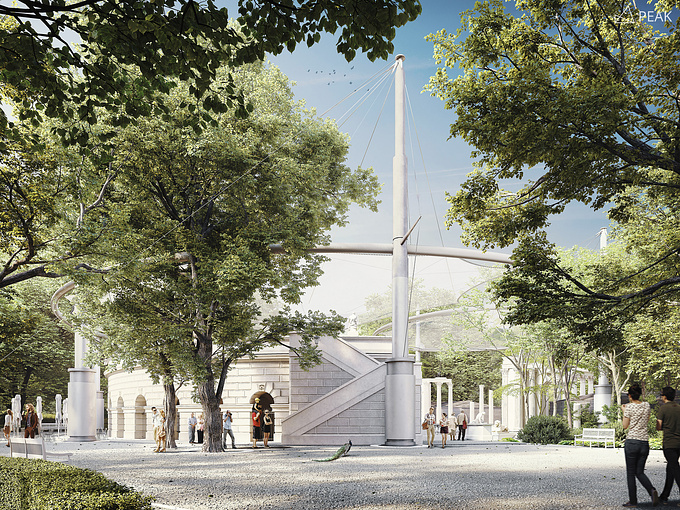 CGIs for architectural competition for canopy over historic amphitheatre in Łazienki Park, Warsaw
arch. design by DiM'84 Dom i Miasto.

The general idea of the project is that this structure can be completely invisible when not used. it hides under the ground and it basically erects using hydraulics.