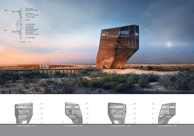 Our project was shortlisted for the Bee Breeders Abu Dhabi Flamingo Observation Tower architectural competition. The competition tasked entrants with designing an observation tower which celebrated the unique landscape and diverse wildlife native to the Al Wathba Wetland Reserve. The design team on the project included Alfonso Lopez and Alex Nunes. As part of the project team, we created a series of beautiful renderings to showcase the compelling tower. The renderings depict the striking design amidst stunning landscapes. We created a fully-3D setting stretching to the horizon to emphasize the impressive scene. We included a variety of angles which best highlighted the unique design while proving how well it harmonizes into the wetlands. Our scenes help capture the natural activity and beauty of the environment. This was an exciting project to work on; we always look forward to special noteworthy projects to test our skills.