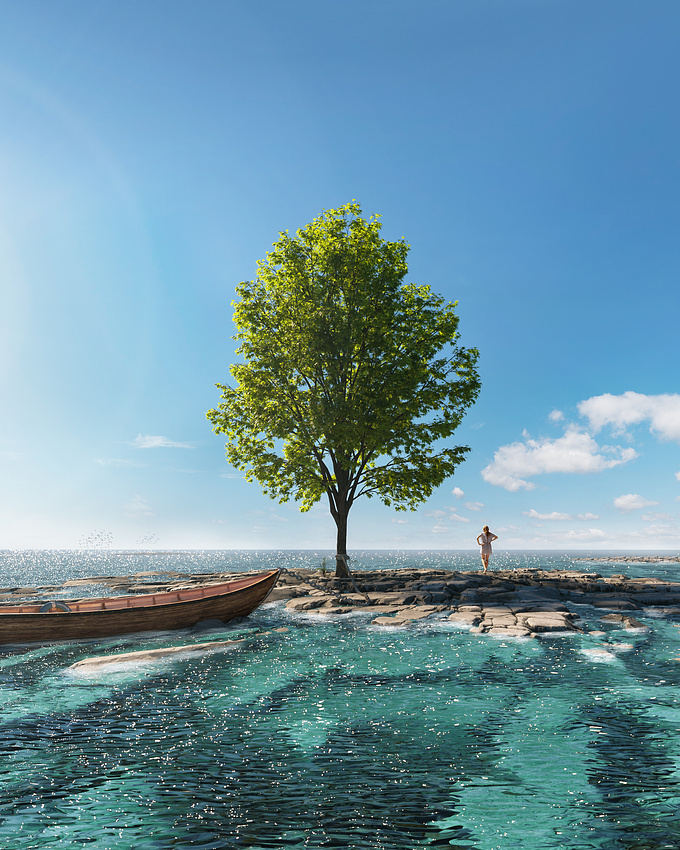 Tranquility is a personal project, its main purpose was to create a satisfying-realistic water, rock, and tree using only 3D-modeling and rendering.
The main challenge was with the foliage, It took lots of trials and errors to reach this  look.
The human figure was added in photoshop, I hate it when people add 3D-model figures! like, it demolishes whatever greatness your image holds. I also accentuated the water-color a little bit, and replaced the sky with another backdrop.
