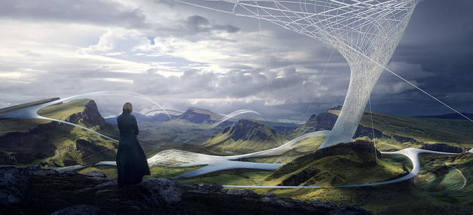 http://www.brickvisual.com
Inspired by the Scottish Highlands. This is an experiment: a vertical skyscraper, a landscape web, a statue which is reacting and breathing together with the land. 3D Studio Max, Vray, Photoshop