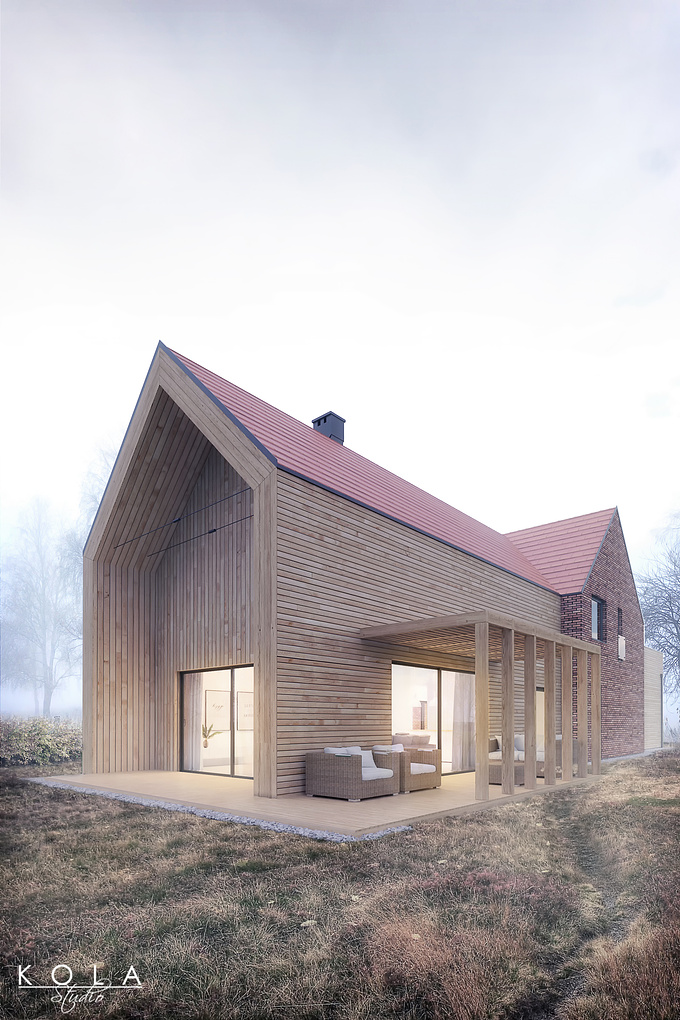 Atmospheric architectural visualization of a modern barn type house, designed by Majchrzak Pracownia Projektowa.