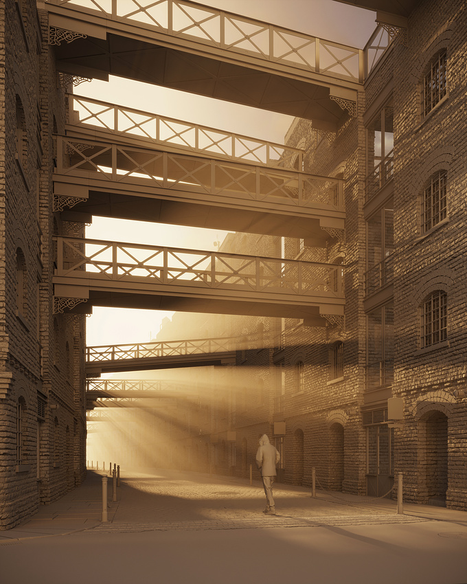 "Suspended Time - Shad Thames" is the 6th of 6 cinemagraphs that compose the short film "London Life" (https://www.youtube.com/watch?v=LEaykO9bPD0).

In this shot I wanted to represent one of the lesser-known but equally very particular neighborhoods of the city of London: Shad Thames. A historic riverside street near Tower Bridge which, in the 19th century, was London's largest warehouse complex.

With the exception of the road posts and the person, everything else has been modeled in 3D from scratch and the smoke coming out of the chimneys has been generated with PhoenixFD.

The still image of this shot was selected first place at the International Archiviz Contest 2023, organized by @beyondvisualarts and @batra.2023 and in partnership with the Transilvanial Architectural Biennial 2023 (https://www.instagram.com/p/CzO3XZTsvfj/?img_index=1).

──────────────────
Software: 3DS max + Corona
Smoke: PhoenixFD
Post-production: After Effect
──────────────────

Full HD: youtube.com/@vitaliano_fratto_cgi