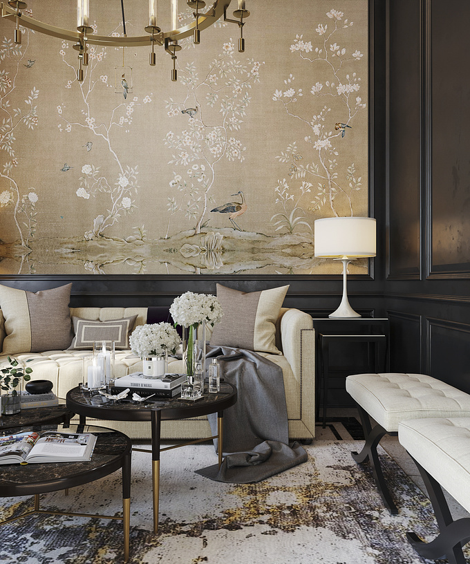 This room brings a masculine and glamorous concept, so try to combine black with gold accents.