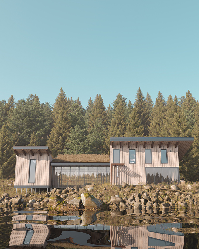 Personal design and visualization of the small house beside the lake in the Scandinavian forest.