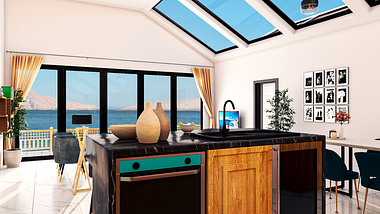 House and the sea: living room and kitchen