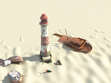 a Lighthouse and boats lost in an ocean dry