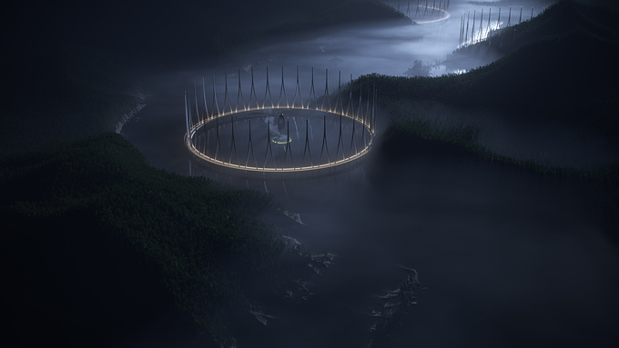 Moon Gate 001 - A circular structure that serves as a passage between two Worlds.
Located in the Northern fjords, this structure provides a spacecraft flight deck which generates energy with each take-off and landing.