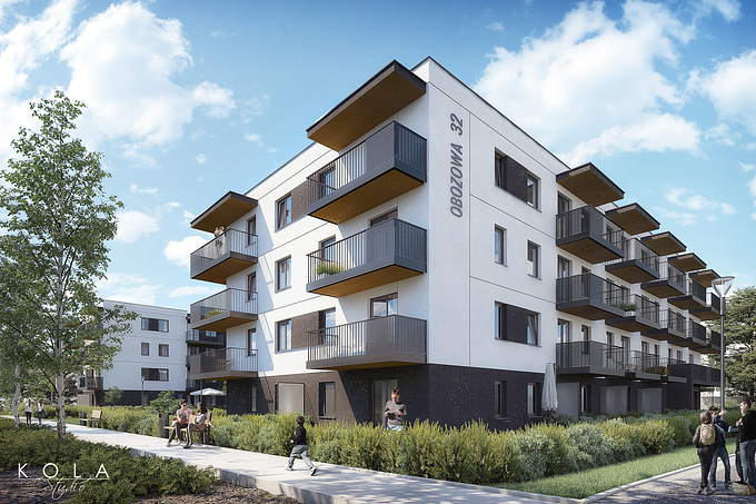 Eye-level view visualisation of a newly planned residential complex in Cracow, Poland. Visuals promoting a new investment, prepared for a property developer.
