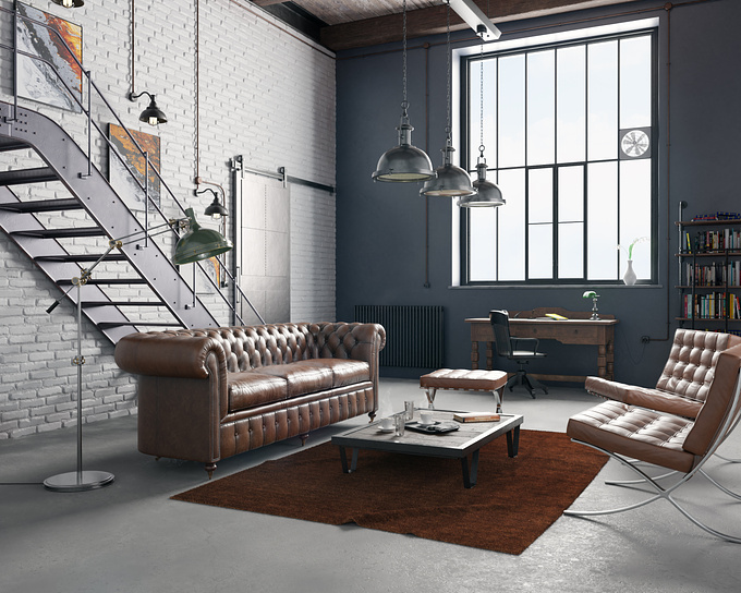 This is a personal project. An industrial loft with vintage furniture from the mid 20th century. Most models were modeled by me in Blender and textured in Substance Painter. Some of the models were free from 3dsky.org. Postwork was done in Photoshop.