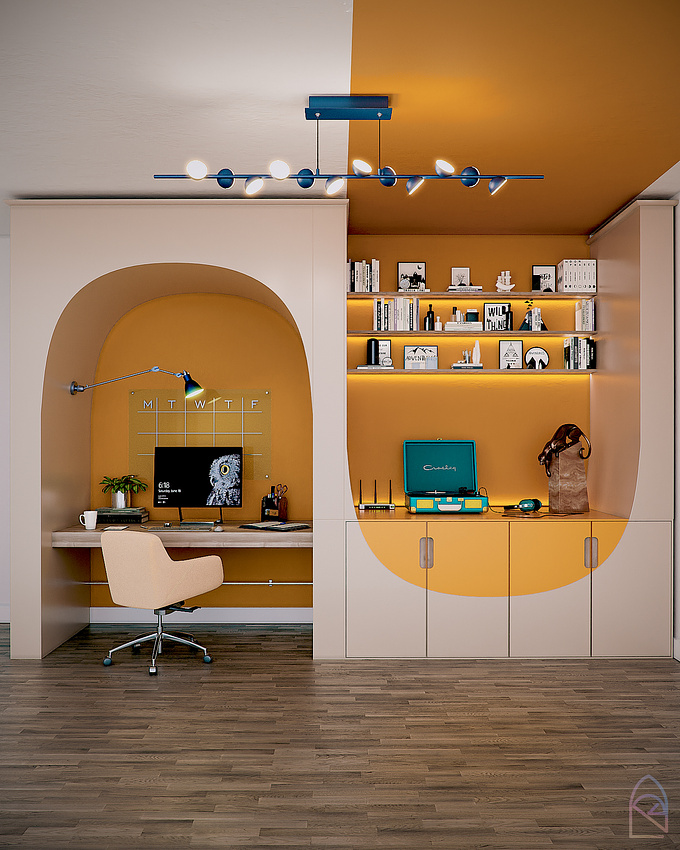 This scene was created from a colorful interior briefing, and yellow was the predominant color in the office as it is the color of creativity. 