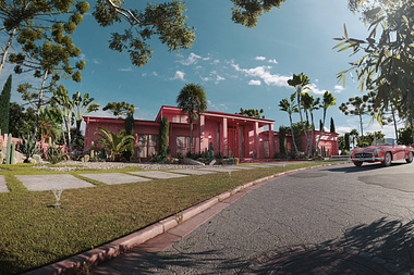Exterior 3D Render of a Red House in California