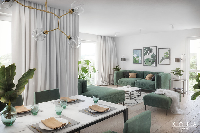 Interior visualisation of a modern, boho style apartment, prepared for a real-estate developer. Showroom with an exemplary interior design of a new flat for sale, located in a newly built apartment building in eastern Germany.