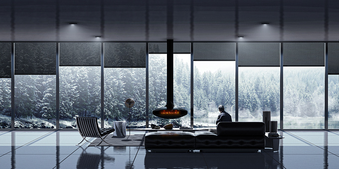 Interior Visualization and Narrative
---
The visualization earns its name through its portrayal of the awe-inducing fascination that we have when reflecting on the unforgiving forces of winter. From the comfort of shelter and flame, one can regard this contrasting exterior environment as beautiful. 
