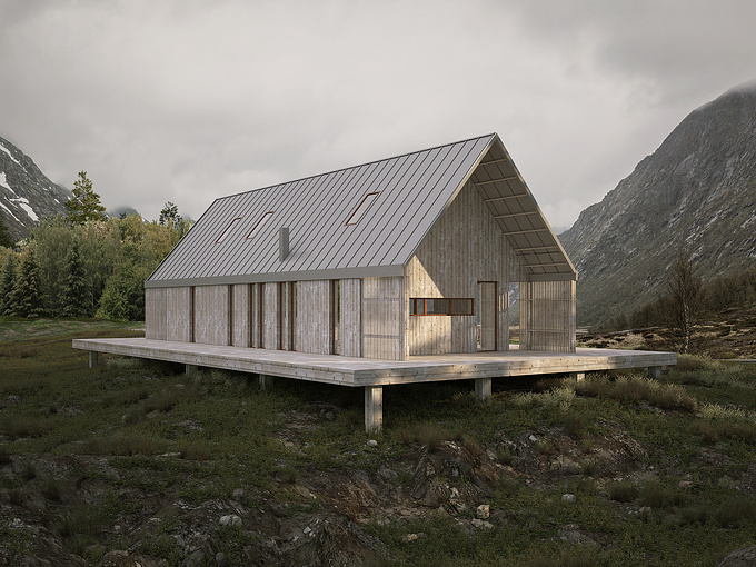 Concept of mountain cabin was to completely blend into nature, as a part of a whole. The purpose of this visualization was to show that on rendering. Idea was to show potential buyers, that this house can give them desired reconnection with nature.