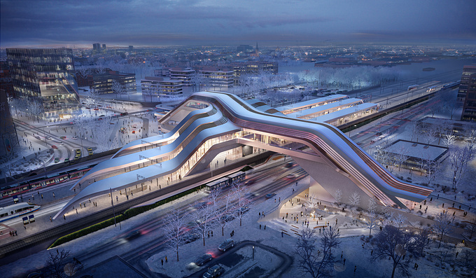 Visualization for Zaha Hadid Architects of Terminal Ülemiste in Tallinn.