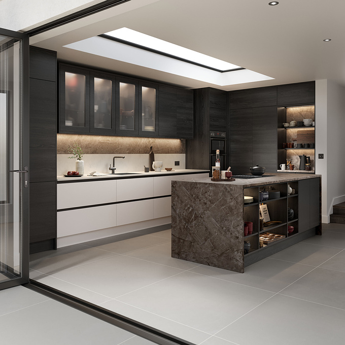 This kitchen CGI was designed around the brief of 'Sleek Serenity'. Our interiors team expanded the clients design brief, crafting a great place to host parties or spend quality time with the family. To create a greater impression of space the designers devised a hidden pantry by transforming tall larder storage cabinets into a stylish and practical utility room. The 3D team brought the concept to life, lighting the kitchen with an elegant, minimal skylight which really maximises the feeling of spaciousness.

We used 3DSMax and Corona here with some of the soft furnishings & props tweaked in zbrush. Image composition was completed with Black Magic Fusion and colour accuracy tweaks & additional compositing has been completed in Photoshop.

See the full set of renders for this interior at https://www.pikcells.com/portfolio/uform-kitchen-cgi/