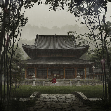 3d render of a traditional Chinese pagoda in a rainy day