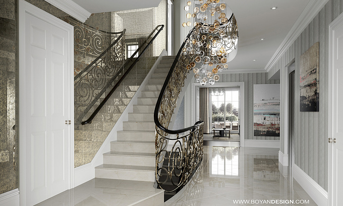 Boyan Design - http://boyandesign.com/
Luxury villa CGI images / 3D renderings created by Boyan Design, London based creative studio, presenting a beautiful usage of marble, antique mirror, lavish chandelier, sophisticated wallpaper and fine detailing of the cornice, architraves and door architraves. All materials were carefully selected and modelled as per the client's requirements, including the antique brass balustrade which has two dark antique-brushed faces and two polished ones.
